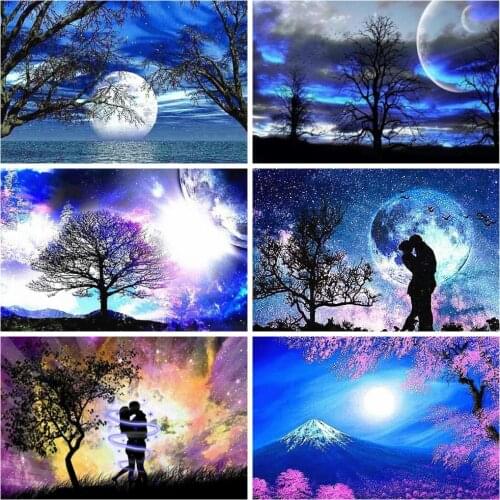 HUACAN 5D Diamond Painting Moon Tree Mountain Rhinestone Kit Full Drill Diamond Embroidery Sale Landscape Mosaic Couple Wall Art