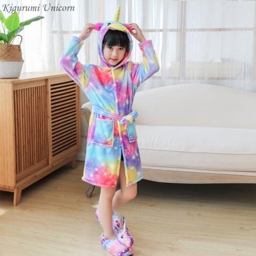 Kigurumi Unicorn Hooded girls Bathrobes Kids Star rainbow Bath Robe Animal For Winter Pyjamas Nightgown Kids Sleepwear