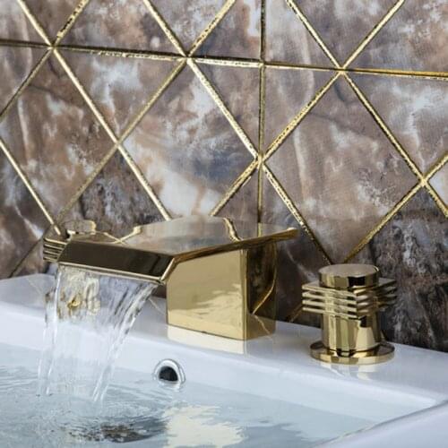 Free Shipping Deck Mounted Golden Polished Brass basin Faucet Double Handles 3 Pieces Waterfall Spout Bathroom Bathtub Faucet