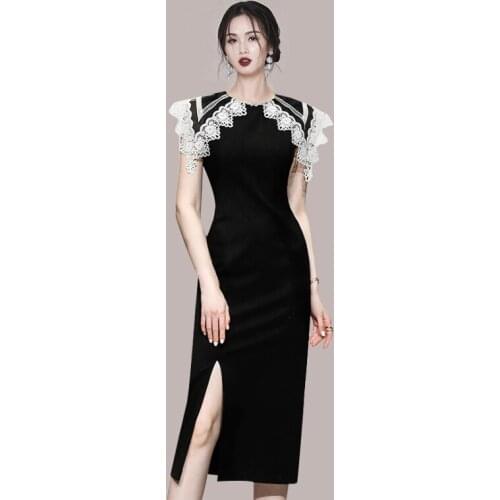 Summer Women Elegant Black Dress Ladies Lace Lapel Slim Front Split Midi Dress Female Vestidos Korean Clothing