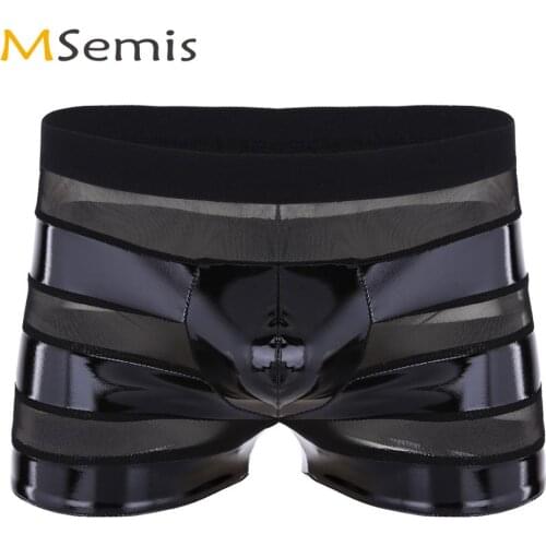 Hot Men Lingerie Sexy Low Rise Booty Panty Wet Look Faux Leather Sheer Mesh Spliced Stripe Boxer Shorts Underwear Hombre Panties