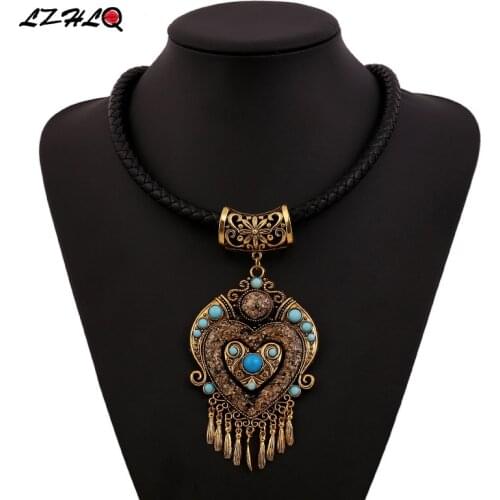LZHLQ 2020 Vintage Boho Statement Necklace Women Jewelry Ethnic Style Leather Rope Tassel Necklaces Pendants Accessories