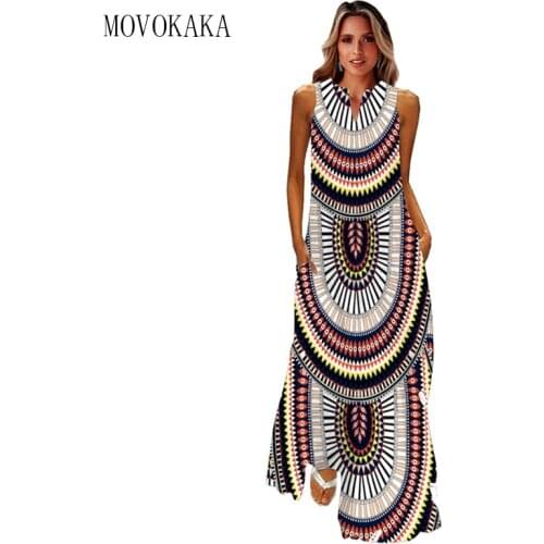 MOVOKAKA Ethnic Style Stripe Print Dress 2021 Casual Plus Size Long Dresses Summer Woman Sleeveless Girls Beach Maxi Dress Women
