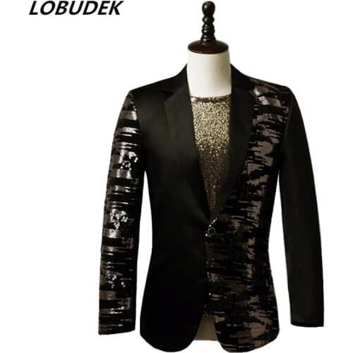 Mens Patchwork Sequins Blazer Bar Concert Male Singer Host Show Slim Fit Blazers Nightclub Performance Stage Tuxedo Costume New
