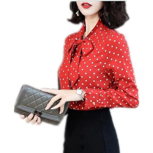 2019 New Spring Autumn Women Short Blouses Office Lady Polka Dot Female Chiffon Bow Collar Wear Work Blouses Mujer Shirts Q1217