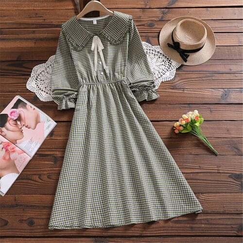 Mori girl cute sweet plaid dress Japan style autumn fashion new arrival bow long sleeve lady vintage vestidos