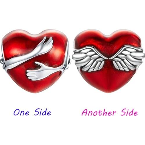 Fit Original Pandora Cute Angel Wings Charms Bracelet Red Glaze Couple Hug Heart Beads DIY Jewelry for Women Lover Love Kid Gift