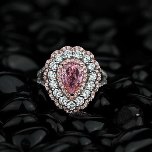 Luxury 925 Sterling Silver Pink Pear Diamond Engagement Halo Rings for Women Fine Jewelry 2 Tone Gold Wedding Ring Anniversary