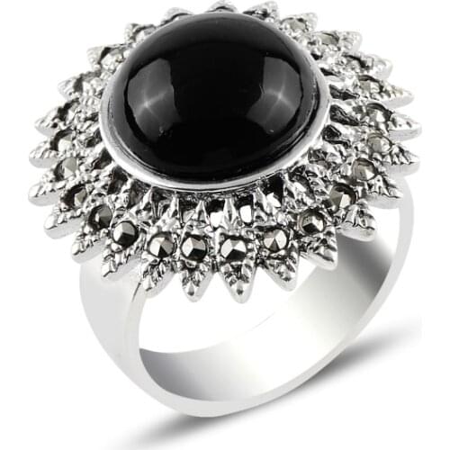 Silver 925 Sterling Onyx & Marcasite Ring