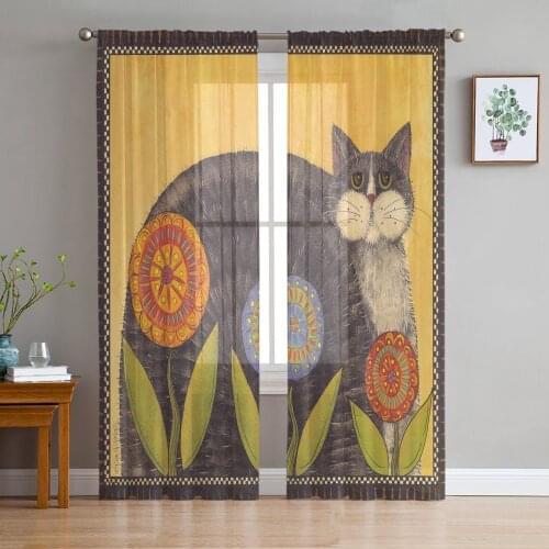 Animal Kitten Yellow Flowers Sheer Curtains for Living Room Modern Voile Curtain Bedroom Tulle Curtains Window Drapes Decor