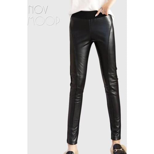 Novmoop fashion style black stretch cotton fabric spliced sheepskin genuine leather pencil pants women winter trousers LT2995