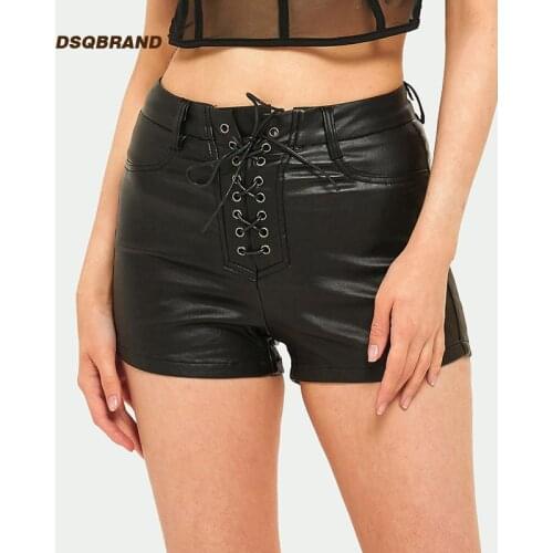 DSQBRAND ladies high waist leather shorts black tight-fitting lace-up sexy womens pants casual fashion PU shorts street style