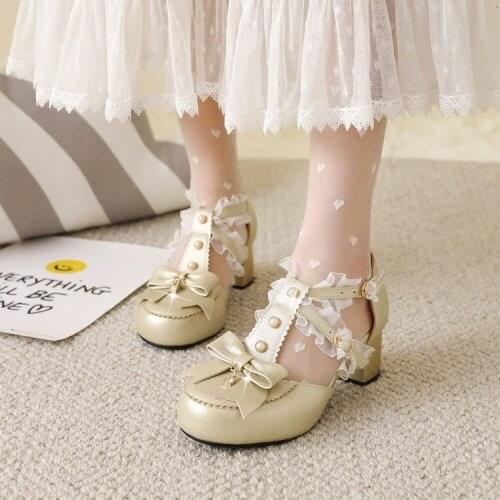 US4-11 Womens Lolita Round Toe Bowknot Lace Beads Kawaii Cosplay Shoes Mid Heel Plus Size 34-45 Mary Janes Sweet New 2021