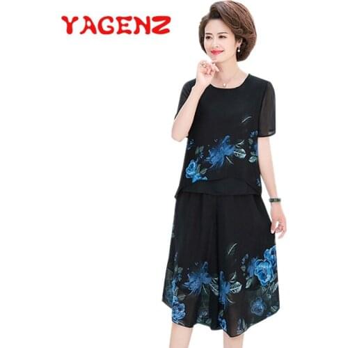 YAGENZ Two Piece Set Women Short Sleeve Flower Print T-shirt Chiffon Top And Pants Fashion Summer Casual Female 2 piece Set 754