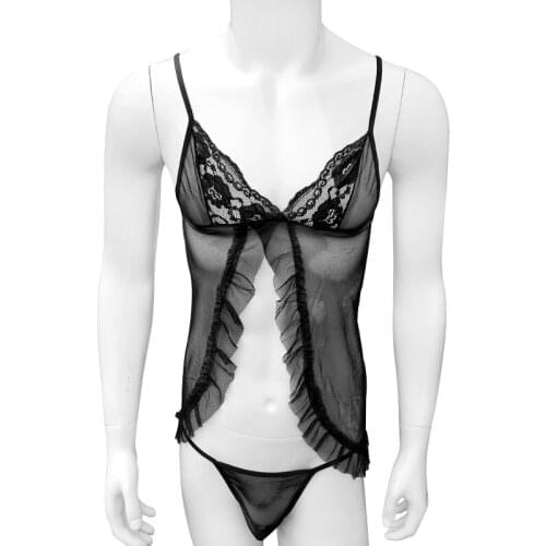 See Through Sissy Night dress Set With Thong for Mens Crossdresser Sleepwear Lingerie Lace Mesh Fashion Sissy Dress skirts