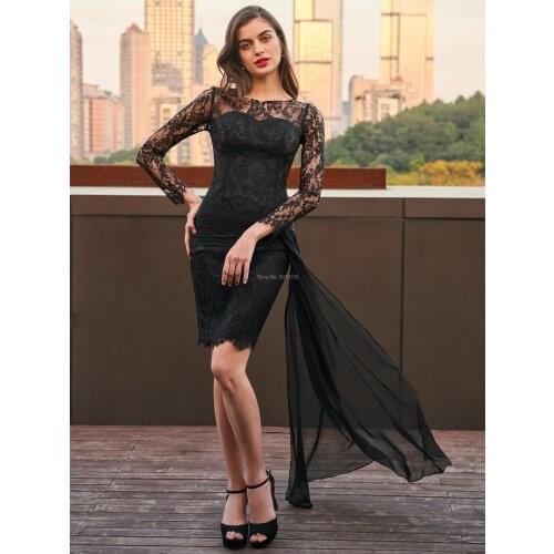 1040 fashion black hot sale O-neck natural trumpet above-knee chiffion&lace homecoming dresses/formal gowns pleats free shipping