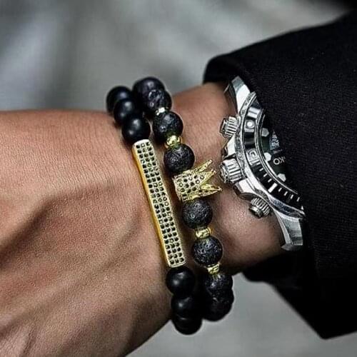 2020 Trendy Rectangle & Crown Men Charm Bracelet Set Luxurious Natural Matter Lava Stone Bead Bracelet For Men Jewelry Gift