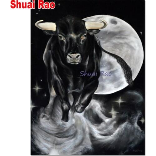 5d Diy diamond painting black moon bull,full square round diamond embroidery rhinestone painting diamond mosaic cow art