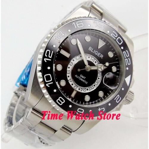 Bliger 43mm black dial Luminous Ceramic Bezel sapphire glass 24 hours GMT Automatic movement Mens watch men 206