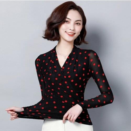 Autumn Spring Polka Dot Lace Elastic Sexy Women Blouse Female Fashion Tops Office Ladies Elegant Bodycon Mesh Blouse Woman Shirt