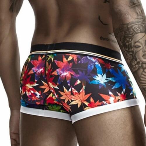 Quick Dry Sexy Men Boxer Underwear Mens Underpants Gay Boxers Shorts Trunk Leaves Pattern Male Underware Cueca Box Lingerie