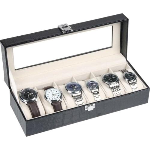 6 Grid Crocodile Pattern Watch Case Storage with Window Jewelry Display & Packaging Wrist Watch Display Box Holder for Man