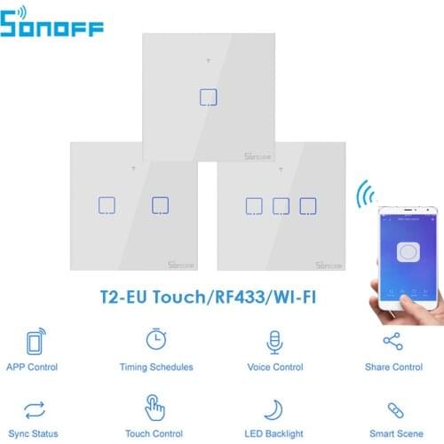 Itead Sonoff T2 EU 86 Size 1/2/3 gang Wall WIFI Light Switch,Touch/RF433 mhz/WIFI Remote Control, Works With Alexa Google Home