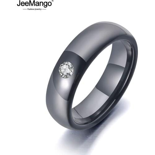 JeeMango Trendy Office Style Black Ceramic Crystal Wedding Ring Jewelry For Women Stainless Steel Rhinestone Girls' Ring JR19070