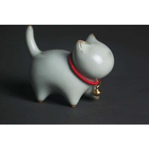 Chinese Ru Kiln Opening Ceramic Cute Cat Tea Pet Figurines Tea Ceremony Zen Table Room Decoration Accessories Animal Ornament