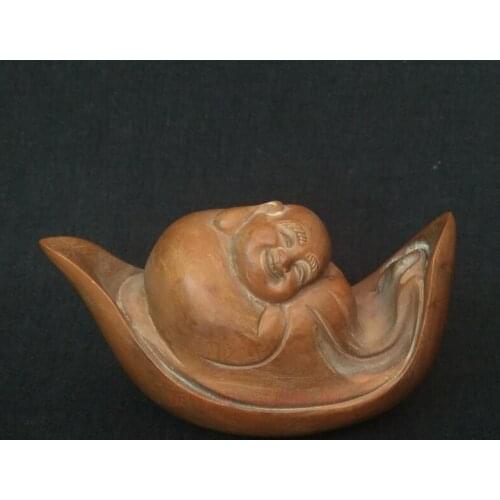 YIZHU CULTUER ART Collection Ornaments Asian China Old Boxwood Hand Carved Happy Maitreya Buddha