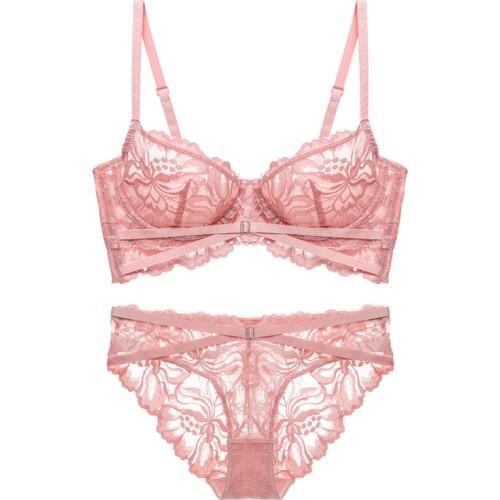 New Pink Female Transparent Bra And Panties Sets Floral Embroidery Ultra Thin Lace Bras Women Underwear Set Female Sexy Lingerie