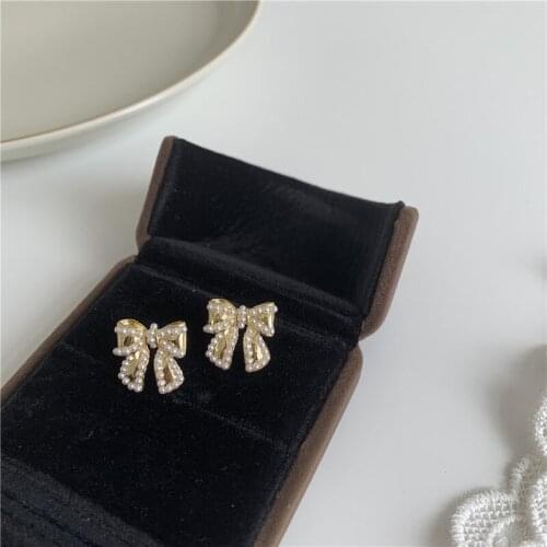 Korea Japan Cute Spark Simulated Pearl Bowknot Earrings for Women Girls Gold Color Alloy Cross Knotted Drop Earrings Jewelry