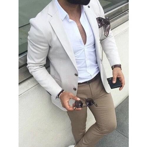ANNIEBRITNEY 2 Piece Ivory Slim Fit Suit With Khaki Pants Tailor Made Skinny Groom Wedding Tuxedo 2 Piece Wedding Business Suit