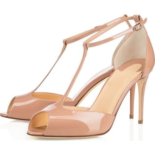 Summer fashion Rome T-strap stiletto catwalk sandals patent leather large size banquet dress custom-made womens single shoes