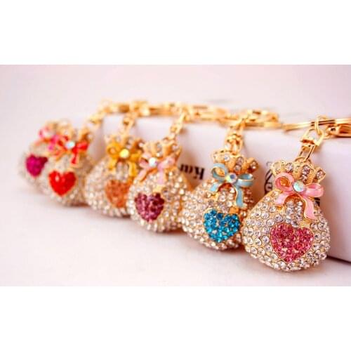 Lucky Bag Shine Crystal Keychain Women Rhinestone Gold Chain Love Heart Key Ring Women Car Wallet Accessories