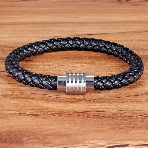 TYO 2019 Fashion Stainless Steel Chain Genuine Leather Bracelet Men Punk Black Bracelets & Bangles Cool Male Braid Jewelry Gift