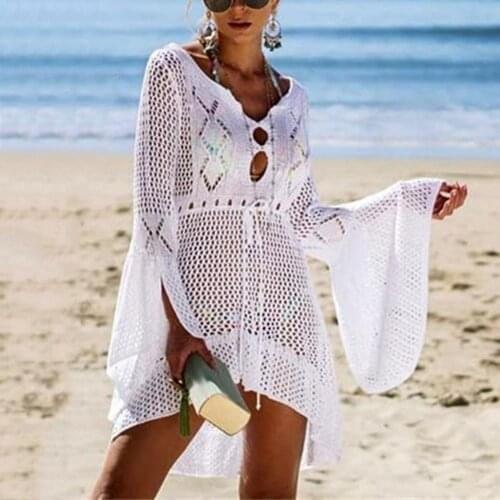 Swimsuit cover up Crochet Knitted Tassel Tie Beachwear Tunic Long Pareos Summer Swimsuit Cover Up Sexy See-through Beach Dress