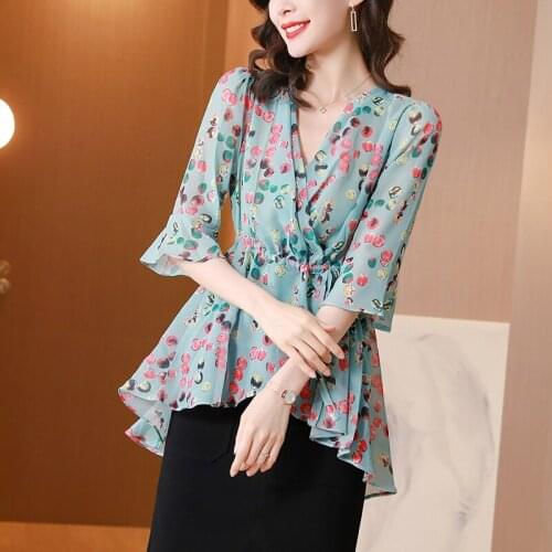 Autumn Spring Korea Shirts Blusas Elegant summer Silk Shirt Women Office Bottom Vintage Floral Print Top V Neck Chiffon Blouse