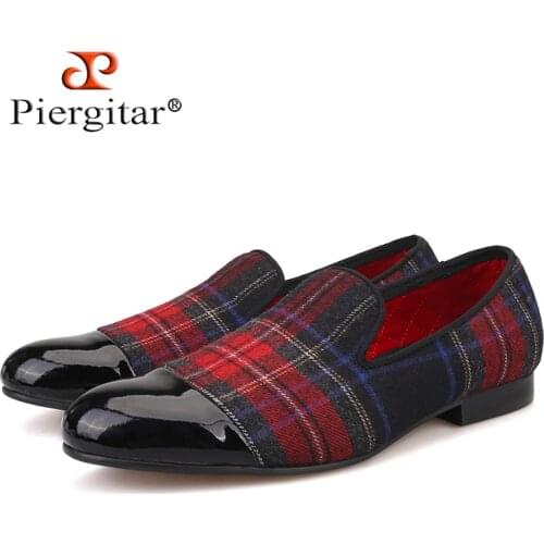Piergitar new Handmade men loafers with gingham designs and black leather toe wedding and party slip-on men smoking slippers