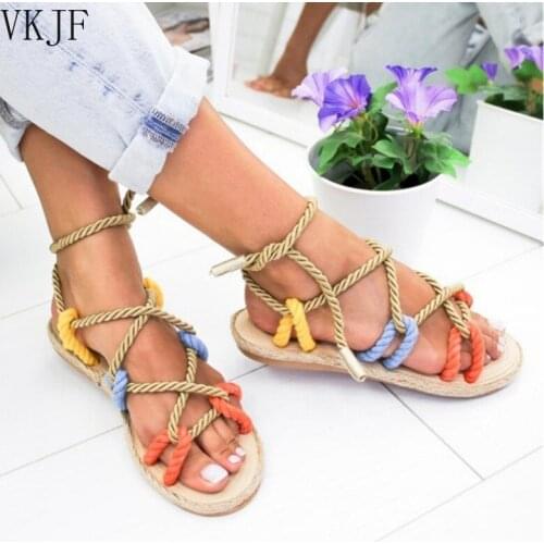 Women Sandals 2021 Fashion Summer Shoes Woman Flat Sandals Hemp Rope Lace Up Gladiator Sandals Non-slip Beach Chaussures Femme