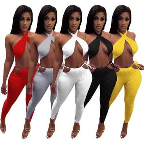 ZKYZWX Sexy Two Piece Club Outfits Halter Crop Top Bodycon Hollow Pants for Women Summer Clothing Night Party Matching Sets