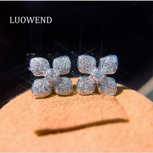 LUOWEND Real 18K White Gold Earrings Classic Female Diamond Earring Engagement Party Flower Shape Jewelry Clover Design