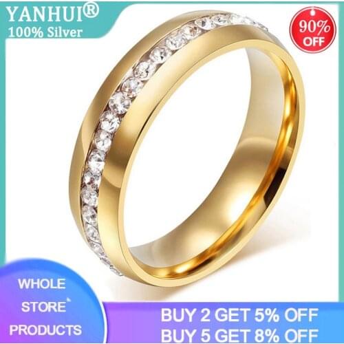 YANHUI Real Gold Color Wedding Rings for Women Men Jewelry Stainless Steel Zircon Engagement Ring Couple Anniversary Gift R005S