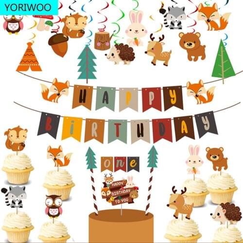 YORIWOO Woodland Safari Party Disposable Tableware Jungle Decoration Jungle Animal Happy 1st Birthday Party Decorations Kids One