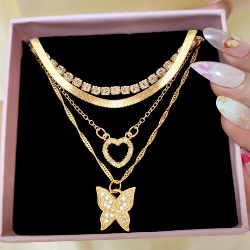 Flatfoosie Boho Multilayer Butterfly Crystal Chain Necklaces For Women Trendy Heart Cross Snake Chain Pendant Necklace Jewelry