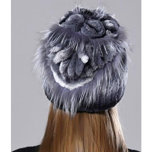 Winter Hats Women Natural Rabbit Fur Flower Patchwork Rex Rabbit Hats Stylish Warm Knitted Genuine Female Fur Hats