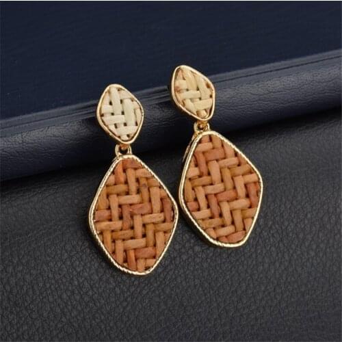 Handmade Drop Square Earrings For Women Vintage Wooden Straw Weave Rattan Gold Color Wedding Earring Fashion Jewelry Party Gifts