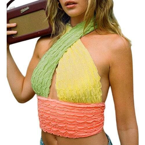 Womens Sexy Color Block Stitching Camisole Top Cross Camisole Sleeveless Fashion Hollow Camisole Summer Beach