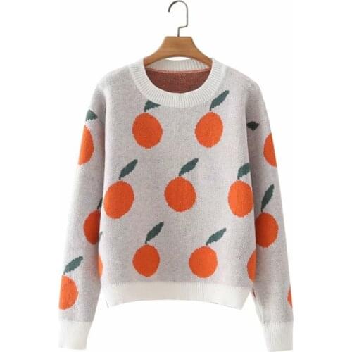 MESTTRAF Women 2021 Fashion Orange Jacquard Warm Loose Knitted Sweater Retro Round Neck Long Sleeve Pullover Streetwear