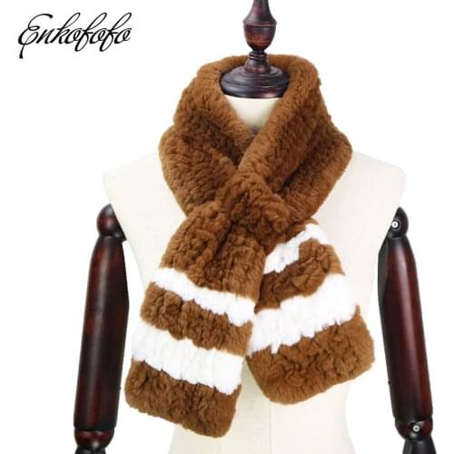 100CM Long 2018 Womens Winter Fashion Natural Rex Rabbit Fur Ring Scarf Lady Stripe Warm Scarves Winter Real Fur Scarf for Women